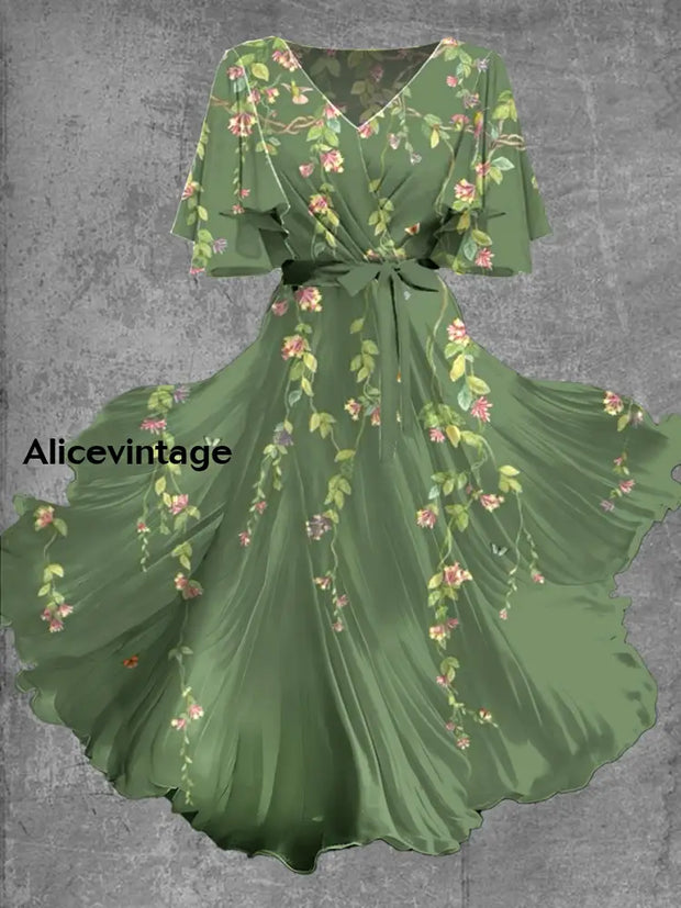Vintage Floral Art Print Chic V-Neck Short Sleeve Midi Dress A / S