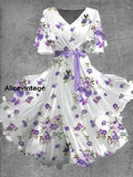 Vintage Floral Art Print Chic V-Neck Short Sleeve Midi Dress A / S