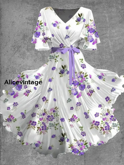 Vintage Floral Art Print Chic V-Neck Short Sleeve Midi Dress A / S