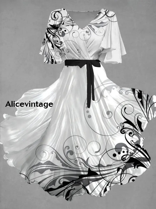 Vintage Floral Art Print Chic V-Neck Short Sleeve Midi Dress A / S