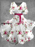 Vintage Floral Art Print Chic V-Neck Short Sleeve Midi Dress A / S