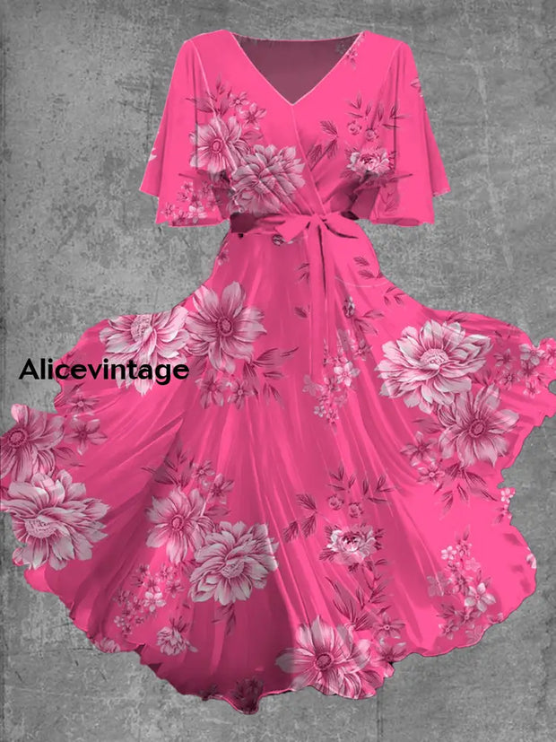 Vintage Floral Art Print Chic V-Neck Short Sleeve Midi Dress A / S