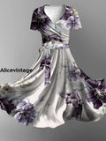 Vintage Floral Art Print Cross Fold Short Sleeve Two Piece Midi Dress A / S