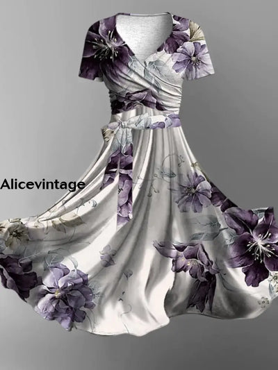 Vintage Floral Art Print Cross Fold Short Sleeve Two Piece Midi Dress A / S