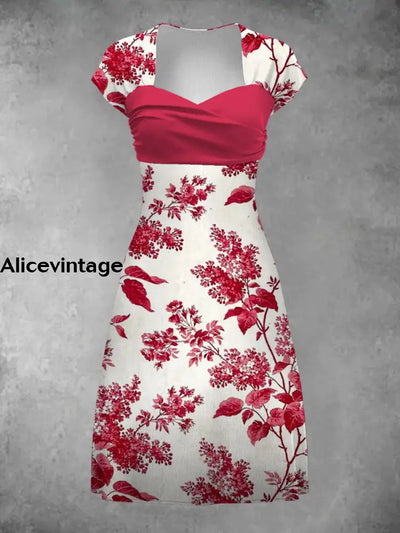 Vintage Floral Art Print Elegant Chic Short Sleeve Mini Dress A / S