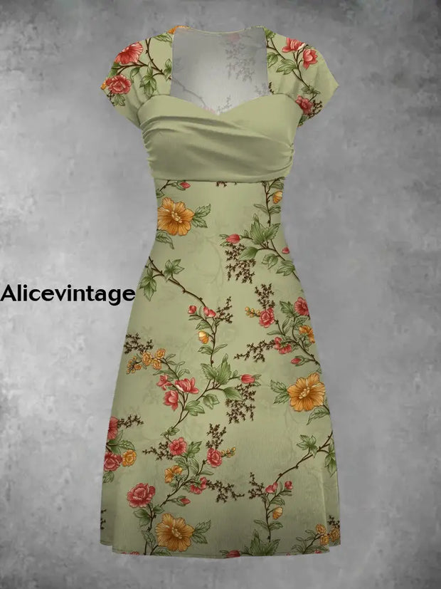 Vintage Floral Art Print Elegant Chic Short Sleeve Mini Dress A / S