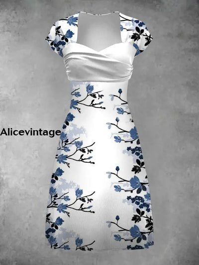 Vintage Floral Art Print Elegant Chic Short Sleeve Mini Dress A / S