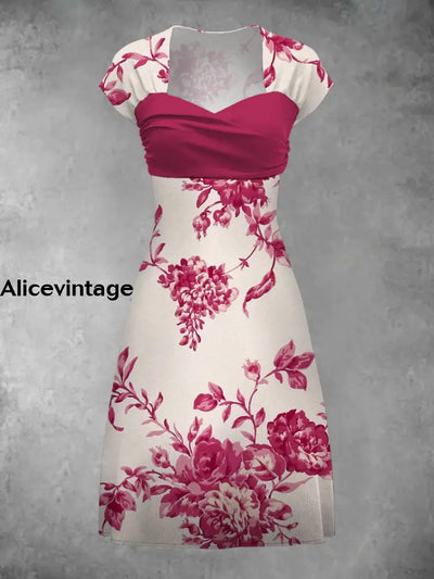 Vintage Floral Art Print Elegant Chic Short Sleeve Mini Dress A / S