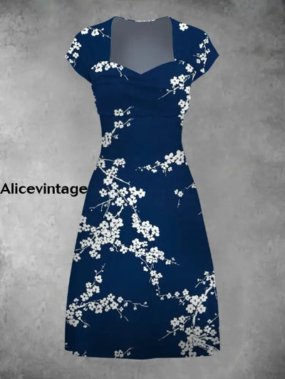 Vintage Floral Art Print Elegant Chic Short Sleeve Mini Dress A / S