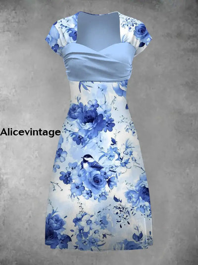 Vintage Floral Art Print Elegant Chic Short Sleeve Mini Dress A / S