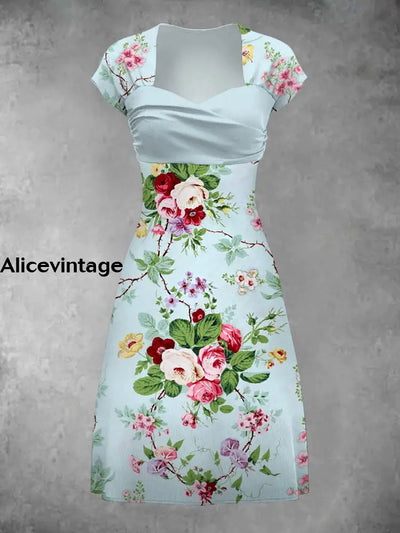 Vintage Floral Art Print Elegant Chic Short Sleeve Mini Dress A / S