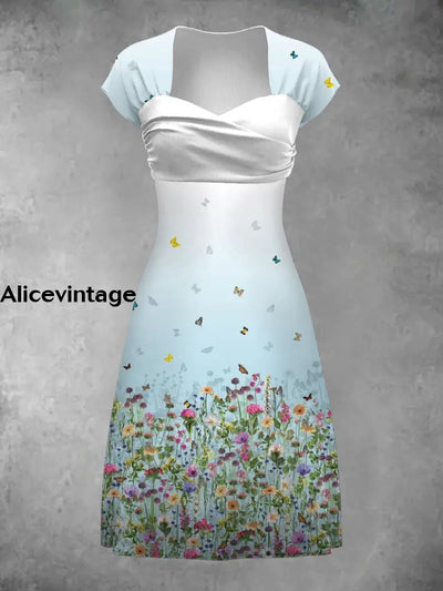 Vintage Floral Art Print Elegant Chic Short Sleeve Mini Dress A / S