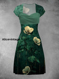 Vintage Floral Art Print Elegant Chic Short Sleeve Mini Dress A / S