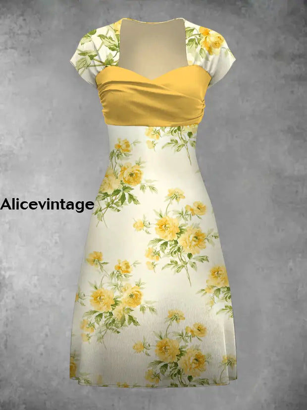 Vintage Floral Art Print Elegant Chic Short Sleeve Mini Dress A / S