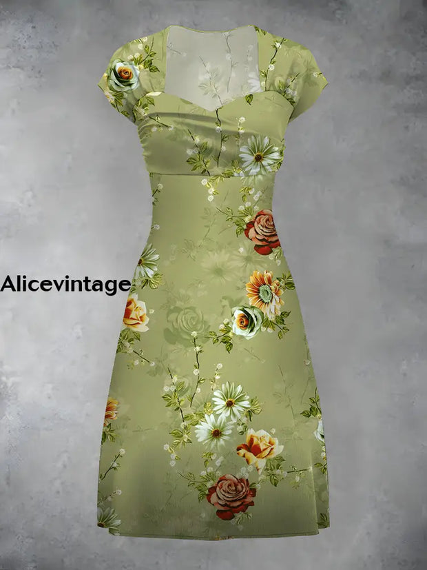 Vintage Floral Art Print Elegant Chic Short Sleeve Mini Dress A / S