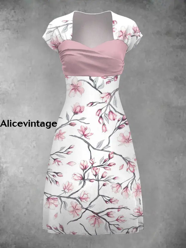 Vintage Floral Art Print Elegant Chic Short Sleeve Mini Dress A / S