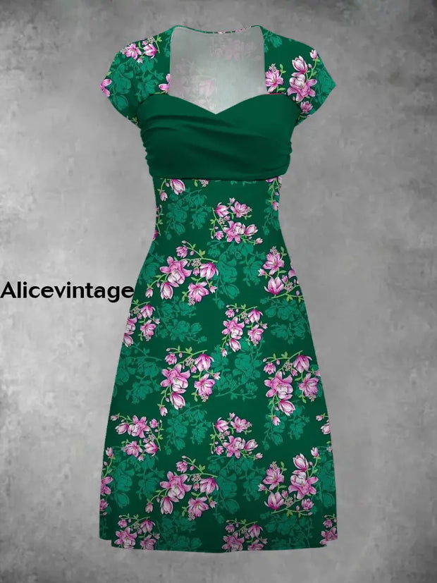 Vintage Floral Art Print Elegant Chic Short Sleeve Mini Dress A / S