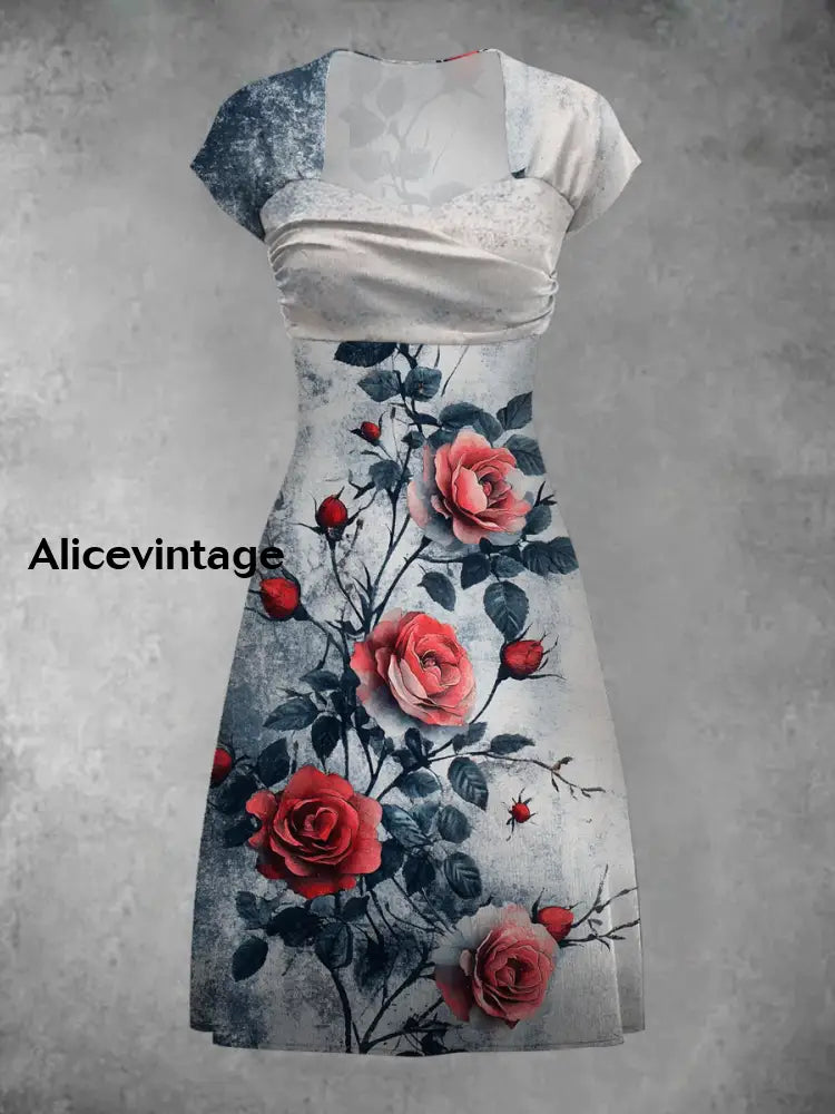 Vintage Floral Art Print Elegant Chic Short Sleeve Mini Dress A / S
