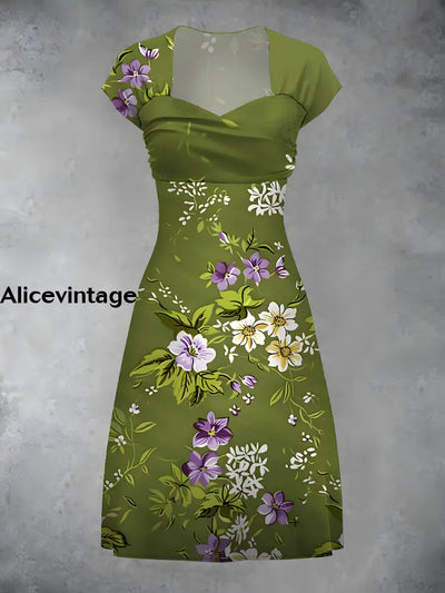 Vintage Floral Art Print Elegant Chic Short Sleeve Mini Dress A / S