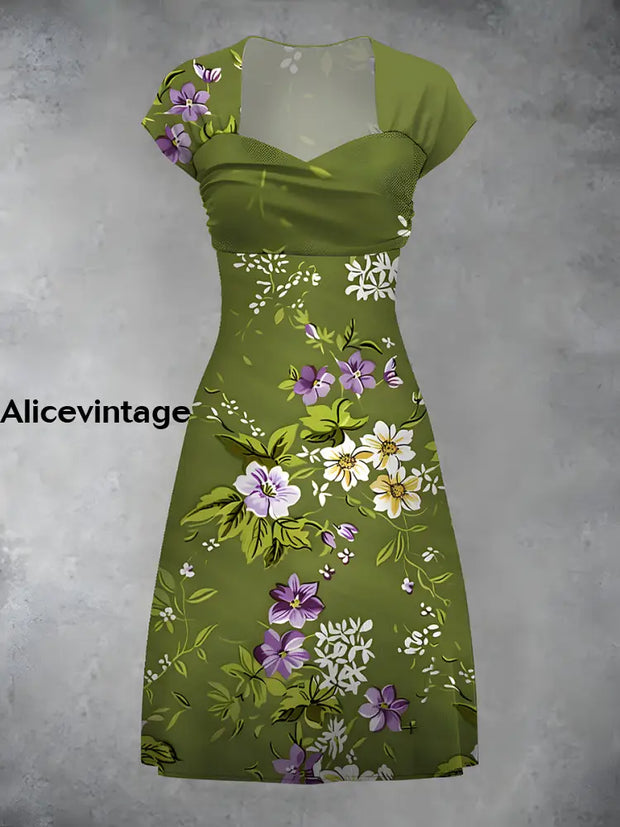 Vintage Floral Art Print Elegant Chic Short Sleeve Mini Dress A / S