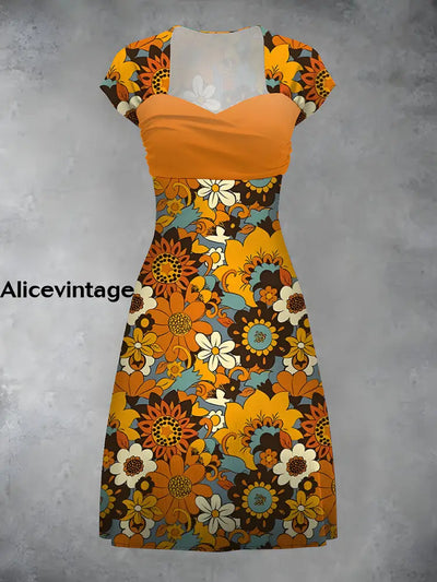 Vintage Floral Art Print Elegant Chic Short Sleeve Mini Dress A / S