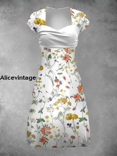 Vintage Floral Art Print Elegant Chic Short Sleeve Mini Dress A / S