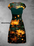 Vintage Floral Art Print Elegant Chic Short Sleeve Mini Dress A / S