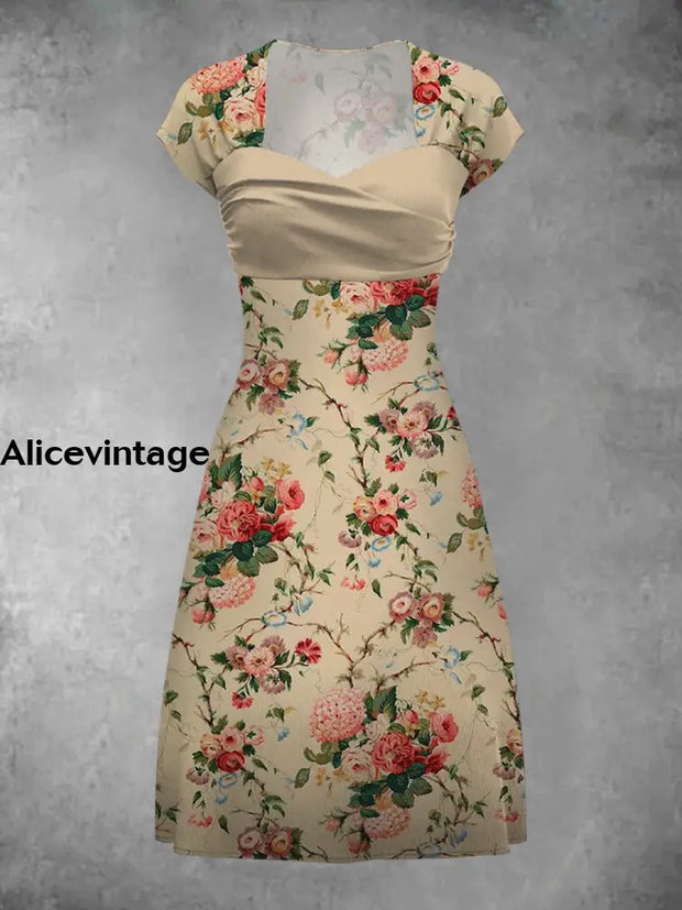 Vintage Floral Art Print Elegant Chic Short Sleeve Mini Dress A / S