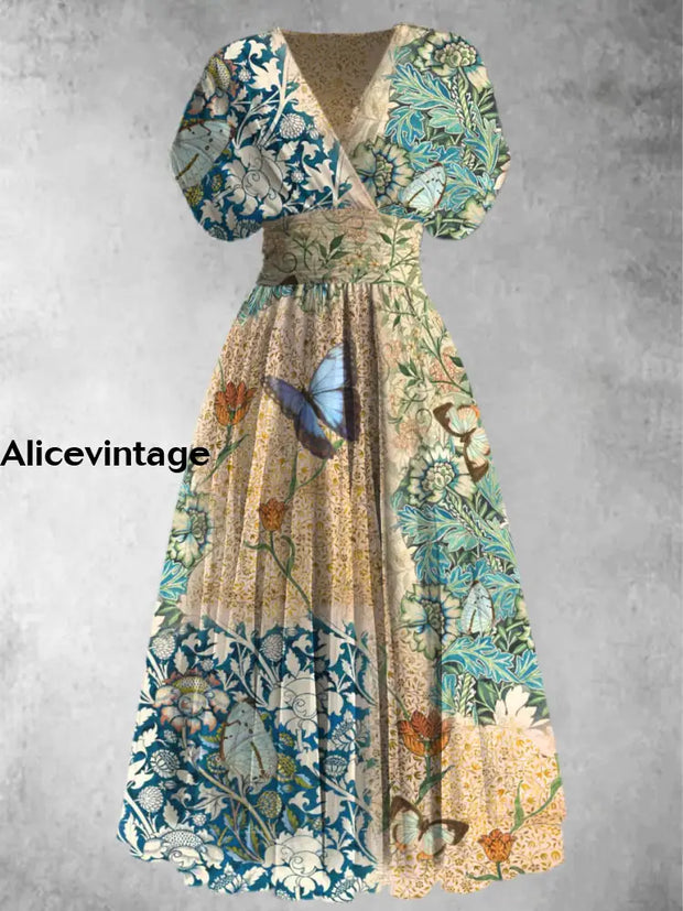 Vintage Floral Art Print Elegant V-Neck Chic Short Sleeve Maxi Dress A / S