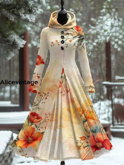 Vintage Floral Art Print Hooded Patchwork Long Sleeve 50S Elegant Slim Fake Two-Piece Midi Dress A