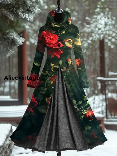 Vintage Floral Art Print Hooded Splicing Long Sleeve 50S Elegant Fitted Fake Two Piece Midi Dress A