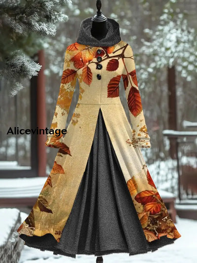 Vintage Floral Art Print Hooded Splicing Long Sleeve 50S Elegant Fitted Fake Two Piece Midi Dress A