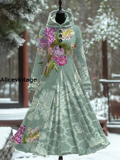 Vintage Floral Art Print Long Sleeve Maxi Dress A / S