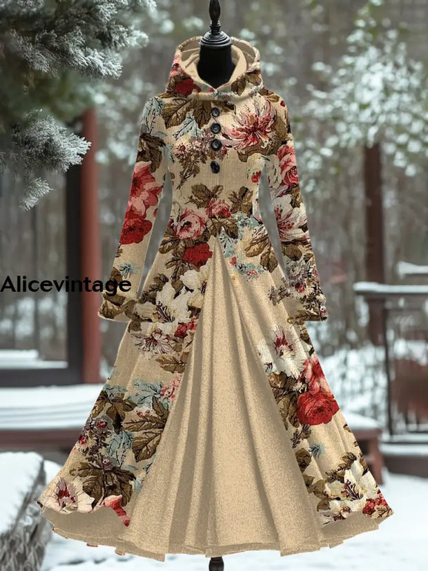 Vintage Floral Art Print Long Sleeve Maxi Dress A / S