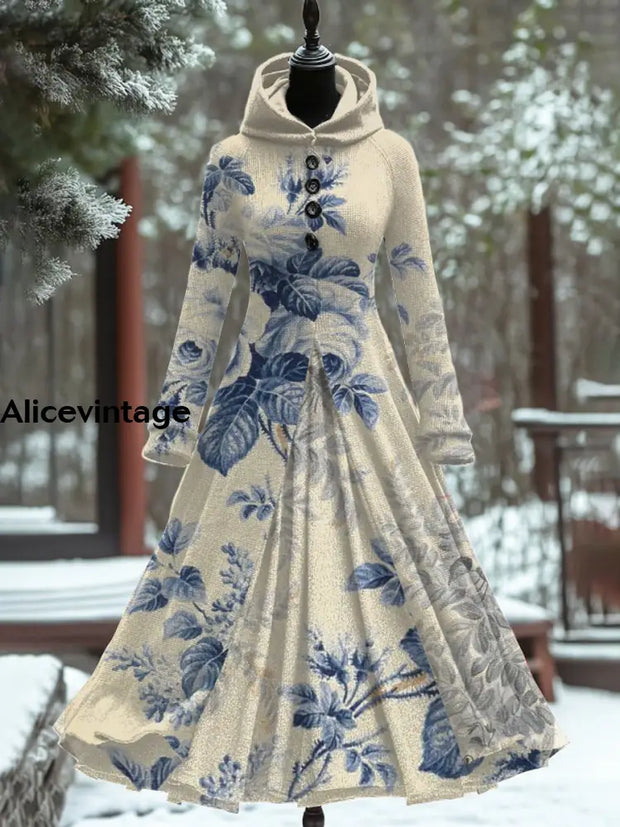 Vintage Floral Art Print Long Sleeve Maxi Dress A / S