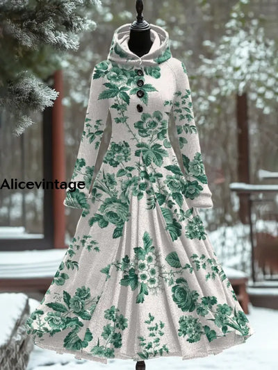 Vintage Floral Art Print Long Sleeve Maxi Dress A / S