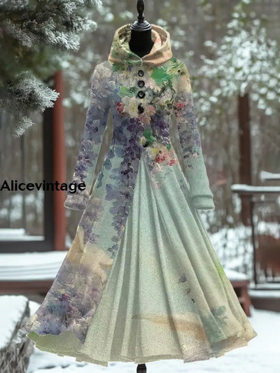 Vintage Floral Art Print Long Sleeve Maxi Dress A / S