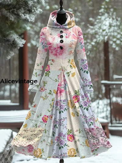 Vintage Floral Art Print Long Sleeve Maxi Dress A / S