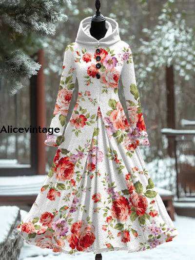 Vintage Floral Art Print Long Sleeve Maxi Dress A / S