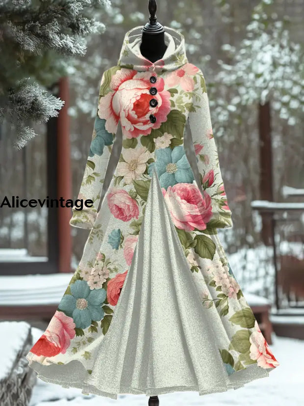 Vintage Floral Art Print Long Sleeve Maxi Dress A / S