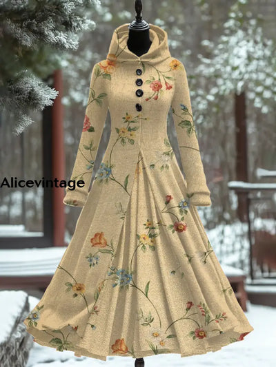 Vintage Floral Art Print Long Sleeve Maxi Dress Hooded A / S