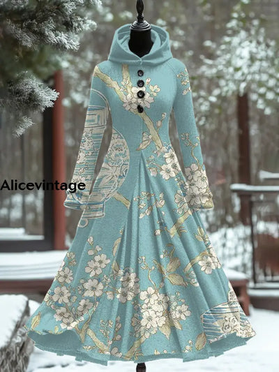 Vintage Floral Art Print Long Sleeve Maxi Dress Hooded A / S