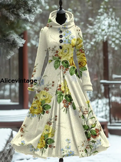 Vintage Floral Art Print Long Sleeve Maxi Dress Hooded A / S