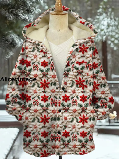 Vintage Floral Art Print Plush Thick Long Sleeve Hooded Coat A / S