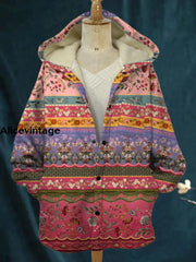 Vintage Floral Art Print Plush Thick Long Sleeve Hooded Jacket