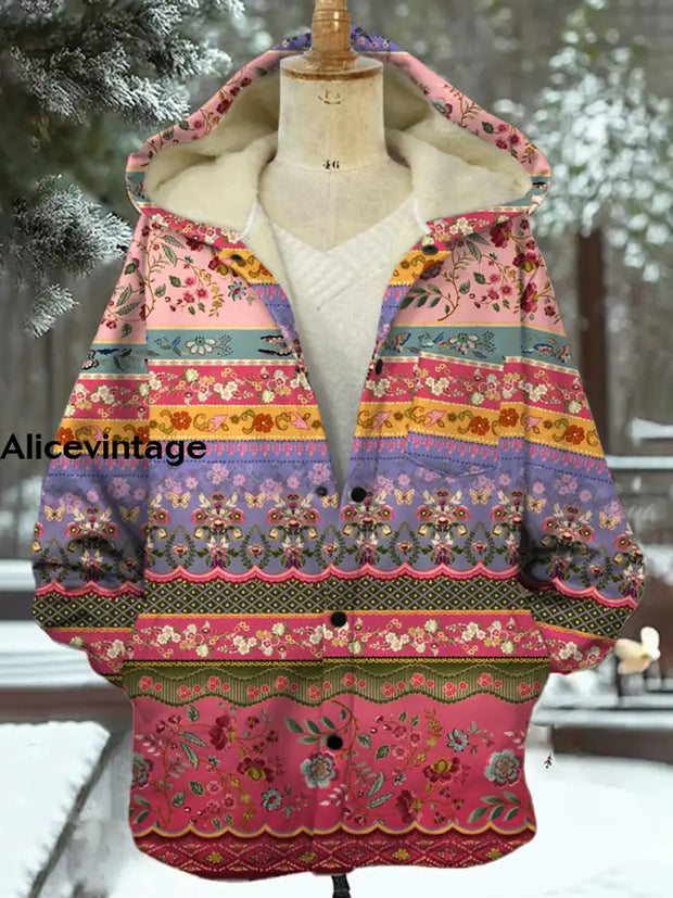 Vintage Floral Art Print Plush Thick Long Sleeve Hooded Jacket A / S