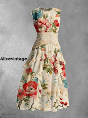 Vintage Floral Art Print Round Neck Chiffon Sleeveless Maxi Dress