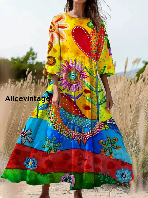 Vintage Floral Art Print Round Neck Long Sleeve Midi Dress A / S