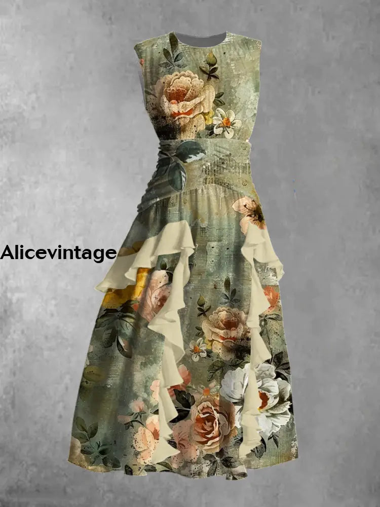 Vintage Floral Art Print Round Neck Sleeveless Maxi Dress