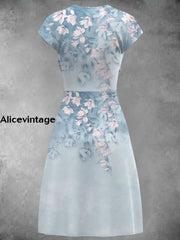 Vintage Floral Art Print Short Sleeve Midi Dress